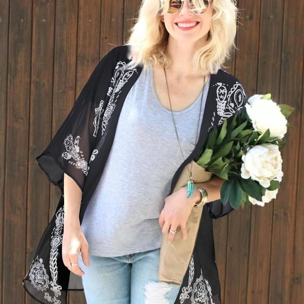 Women's Floral Print Puff Sleeve Kimono Cardigan Loose Cover Up Casual Blouse To - Picture 2 of 6